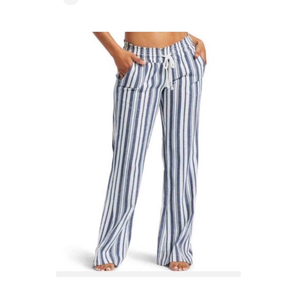 Roxy Oceanside Stripe Linen Blend Wide Leg Pants Blue White XL